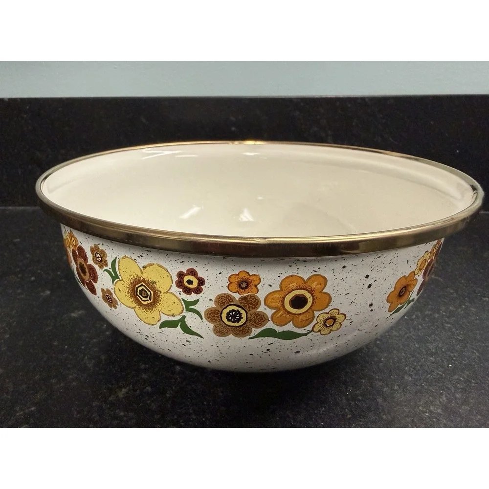 Vtg Crowning Touch Harvest Blossom Enamel Bowl Set 1970s Floral Nesting Bowls